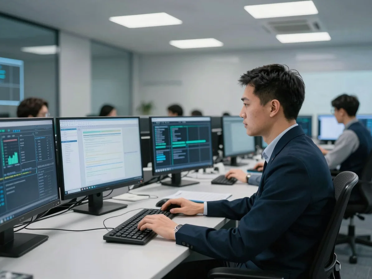 Cybersecurity expert working in a secure control room, multiple s