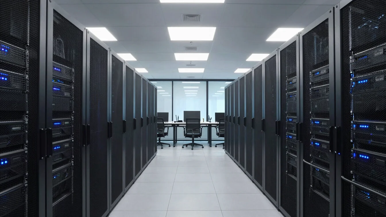 Vista aérea de un moderno centro de datos con racks de servidores, iluminación industrial, limpio, enfoque nítido, 35mm