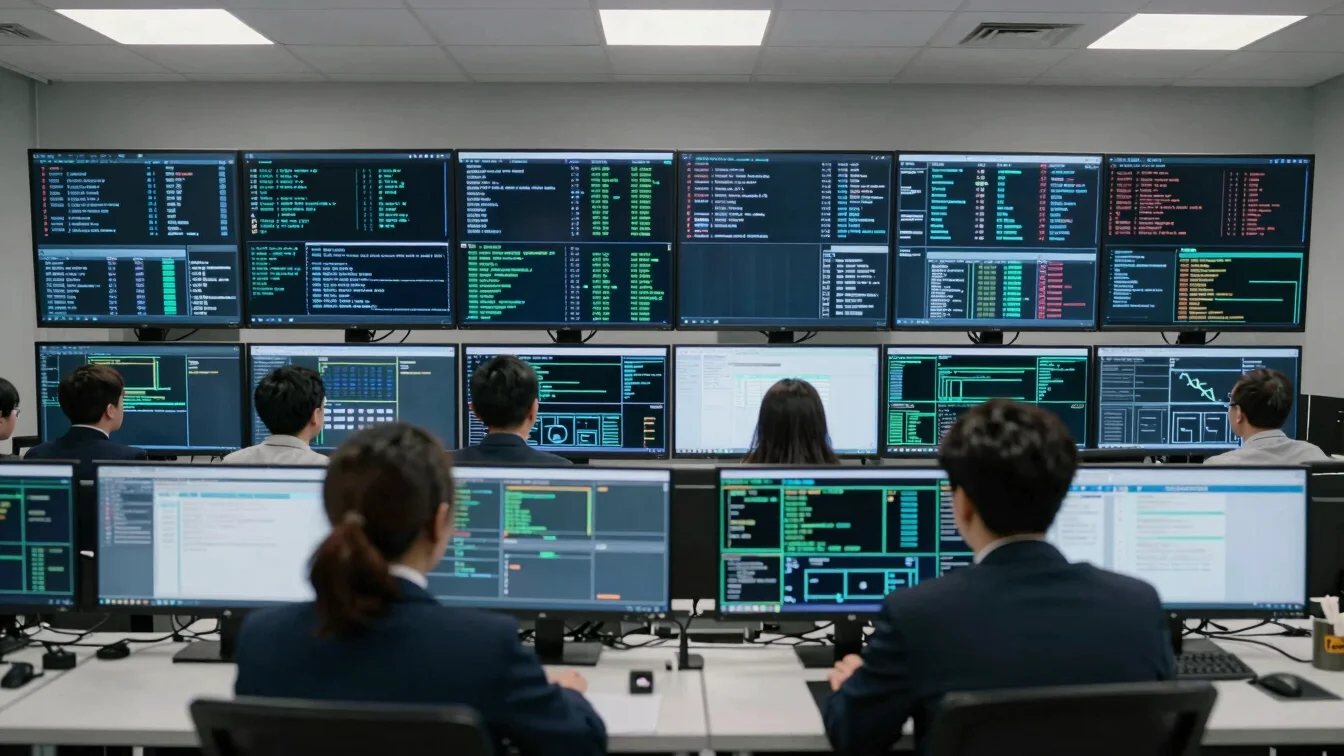Pantallas de monitorización de red en una sala de control de seguridad, enfoque en los datos, iluminación técnica, 35mm