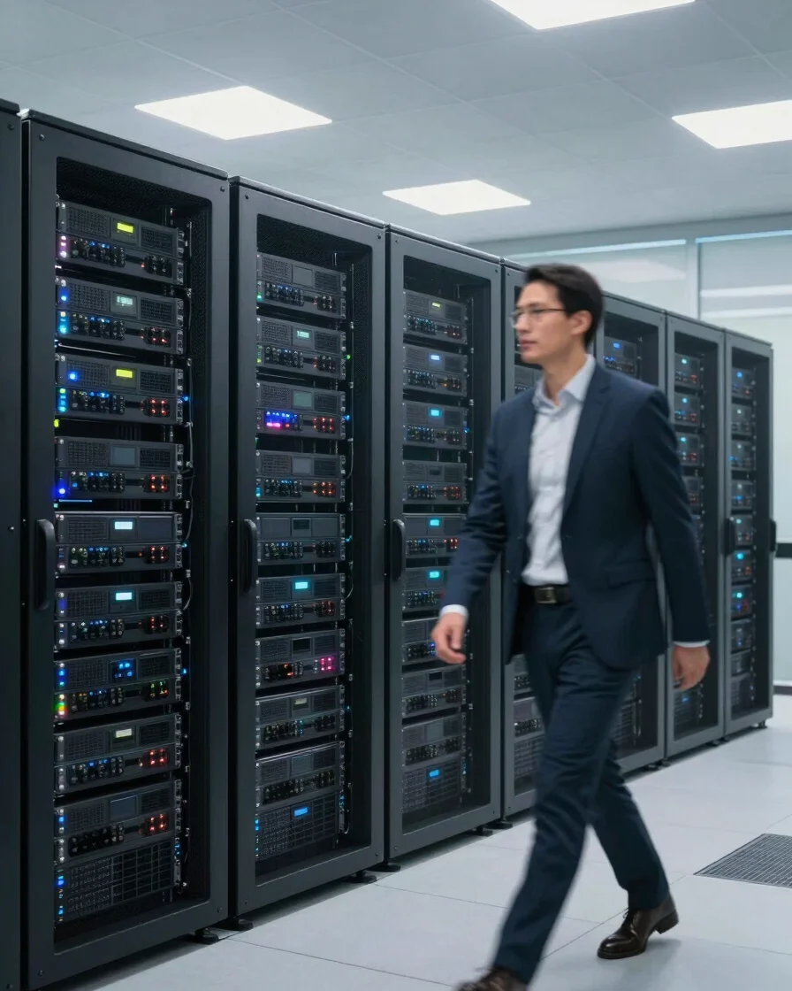 Modern data center server racks, clean corporate lighting, sharp focus, with a blurred executive in a suit walking in th