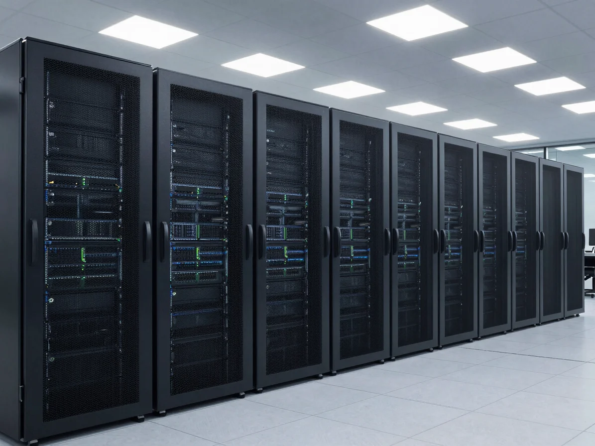 Modern data center server racks, clean corporate lighting, sharp focus, wide shot, professional setting