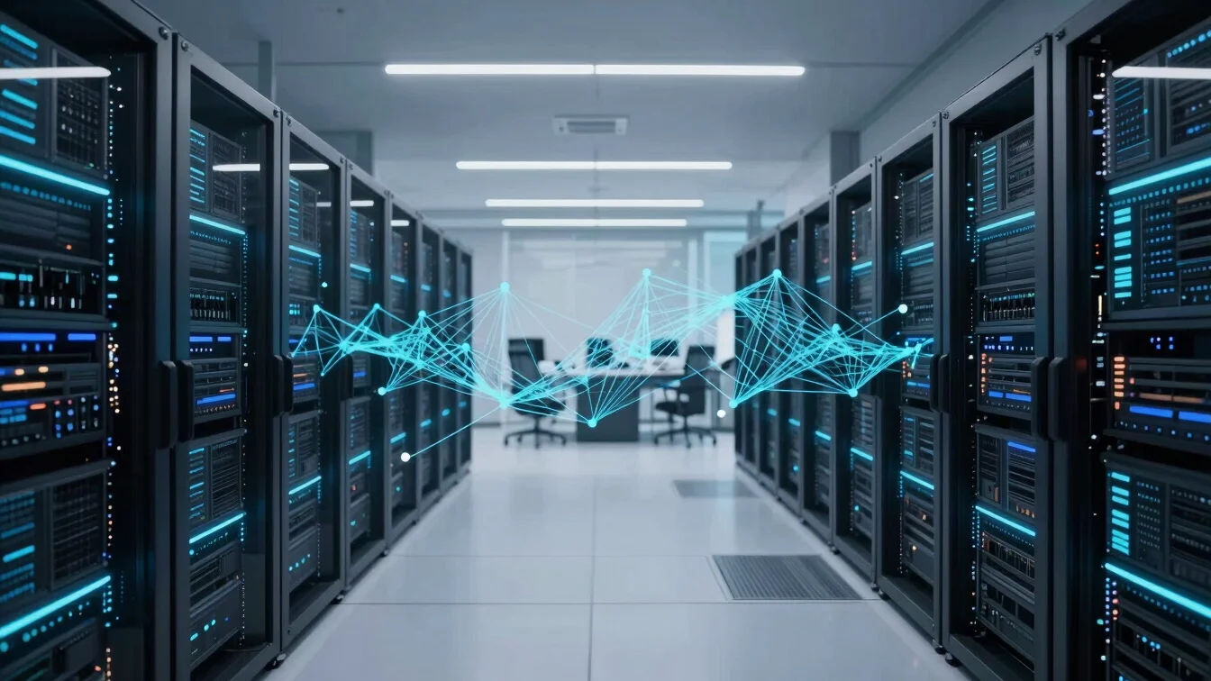 Abstract digital network data flow, clean tech aesthetic, blue an