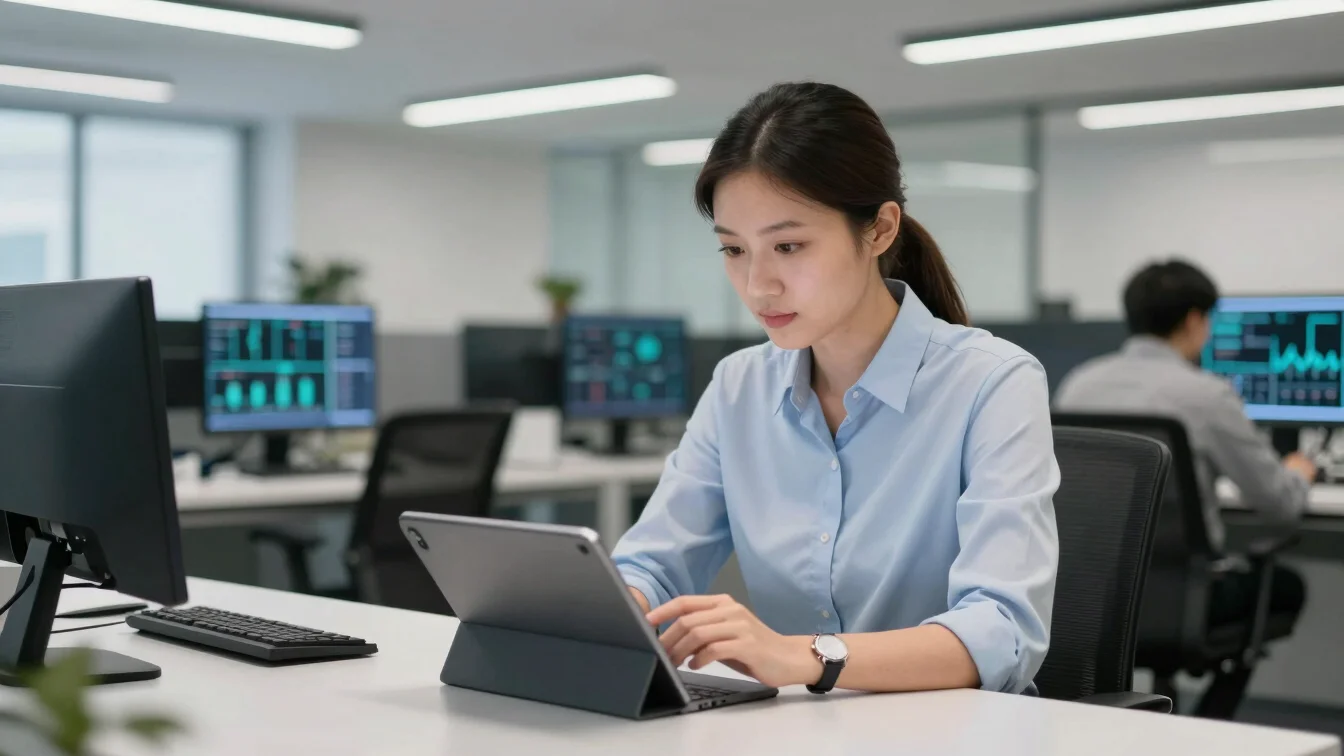 Executive reading a digital report on a tablet in a modern office