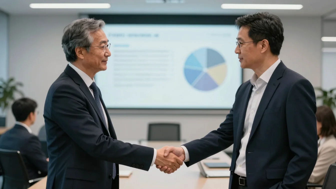 Two executives shaking hands in a modern tech conference setting,