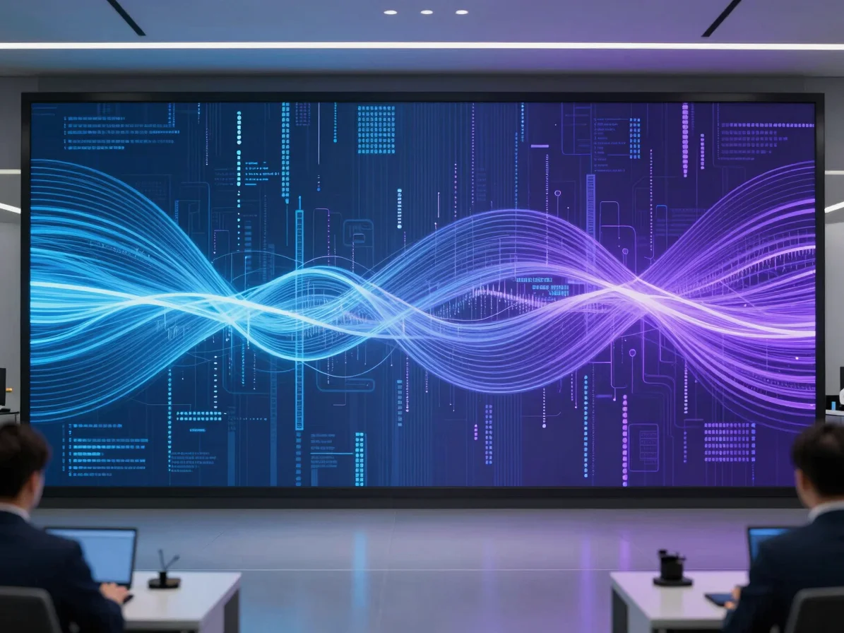 Abstract digital data flow visualization, blue and purple tones,