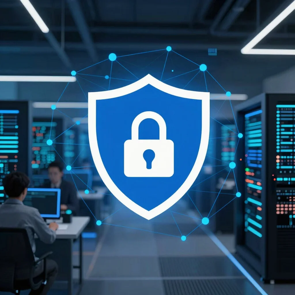Cybersecurity shield icon over a digital network background, blue