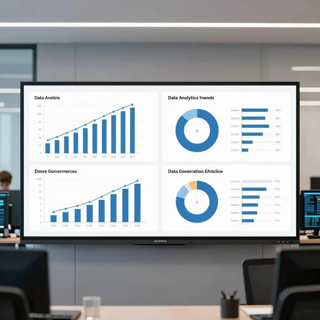 Data analytics visualization, graphs and charts on a screen, clea