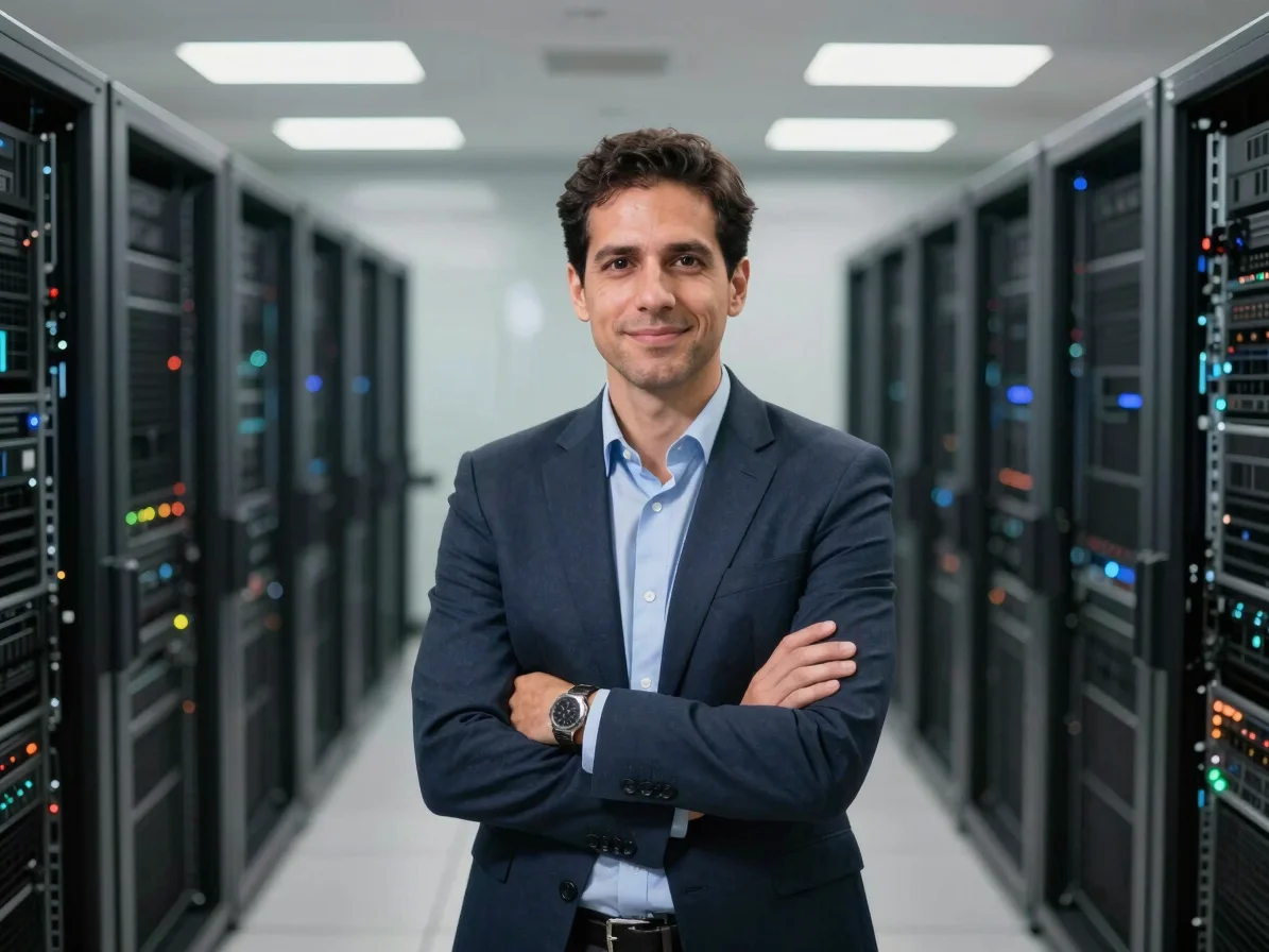 Retrato corporativo de un ejecutivo tecnológico, iluminación limpia, fondo de centro de datos moderno, enfoque nítido, 3