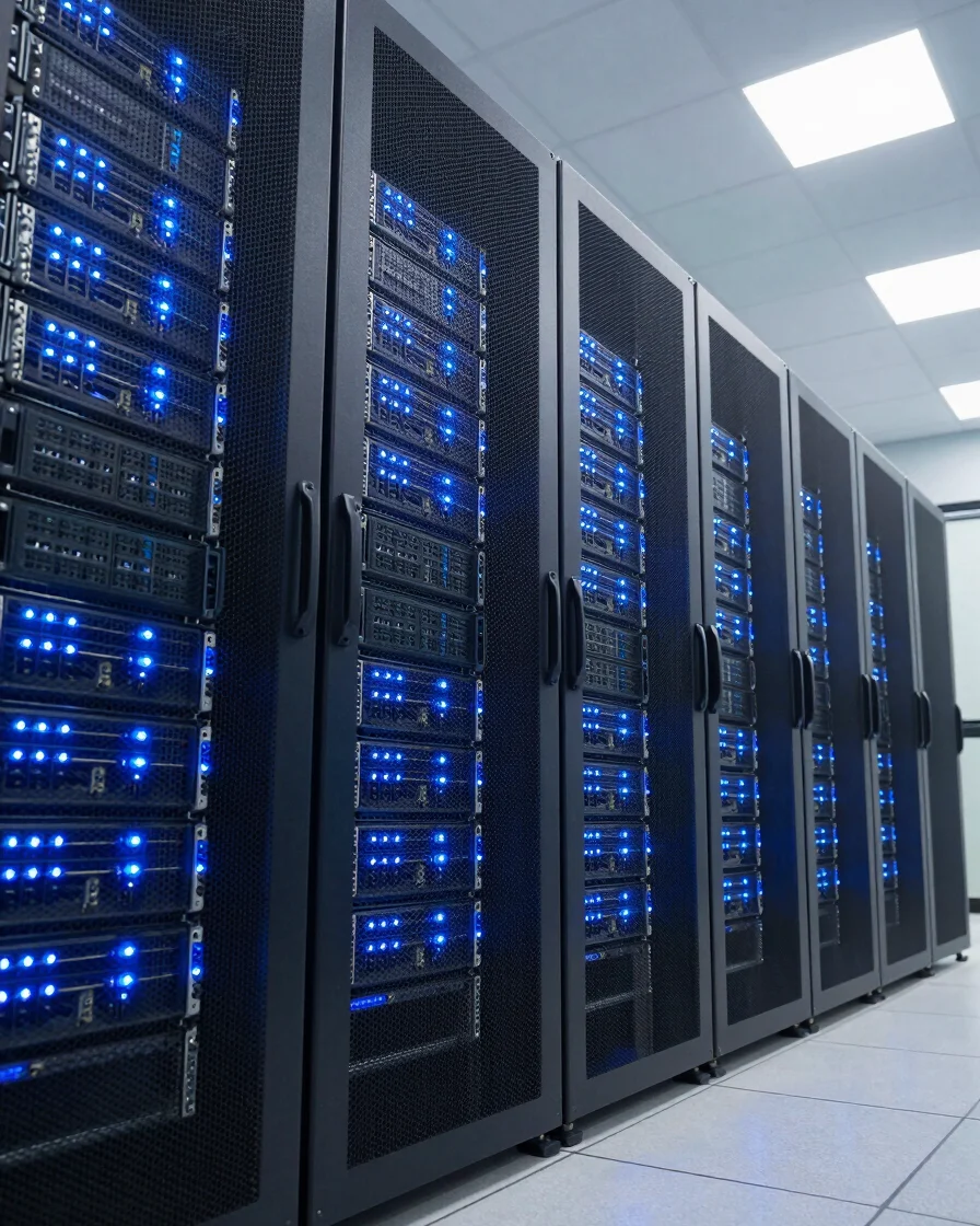Modern data center server racks, glowing blue lights, sharp focus